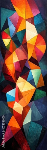 Abstract geometric painting with vibrant colors in a swirling pattern.