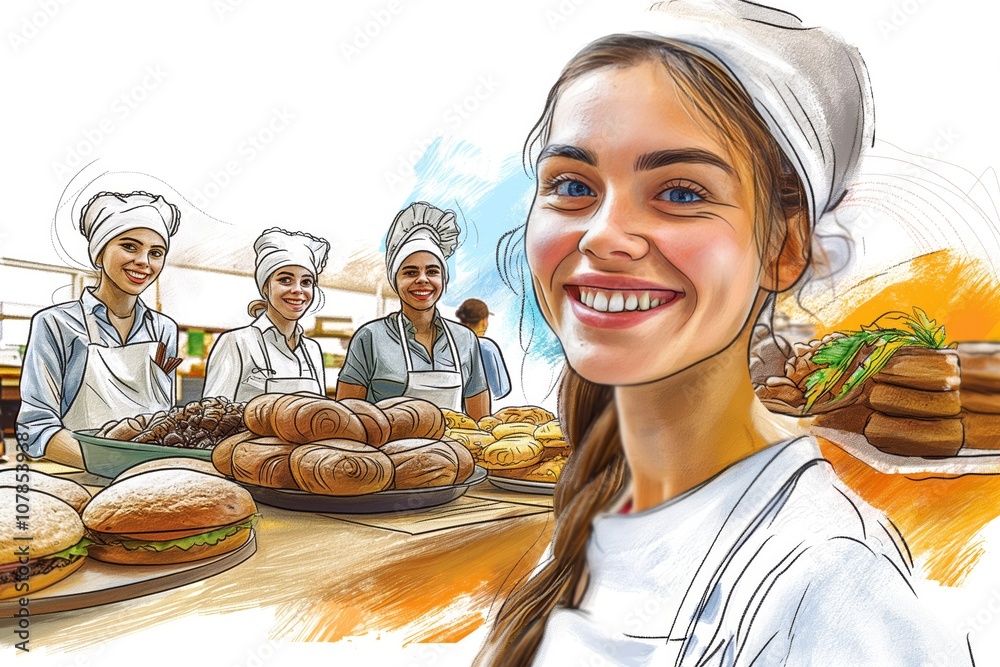 Happy Female Baker Team in a Professional Bakery Kitchen with Fresh Bread and Desserts Happy Female Baker Team in a Professional Bakery Kitchen with Fresh Bread and Desserts