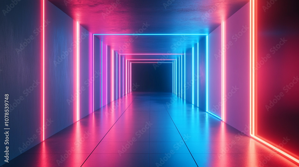 Bright neon corridor with blue and pink lights at night Bright neon corridor with blue and pink lights at night