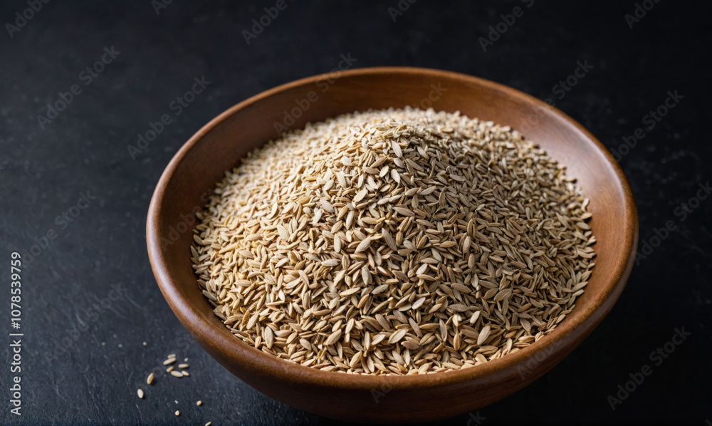 A brown bowl filled with oat groats sits on a dark surface A brown bowl filled with oat groats sits on a dark surface