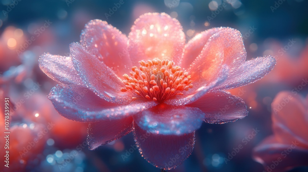 Close-up of a dew-covered pink flower with a soft, ethereal glow. Close-up of a dew-covered pink flower with a soft, ethereal glow.