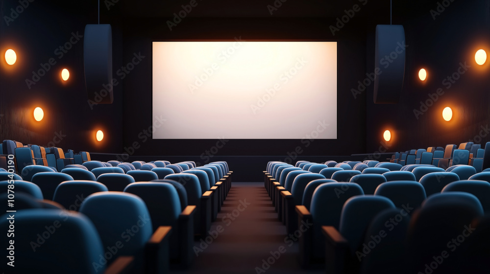 Fototapeta premium Empty cinema auditorium with rows of blue seats facing a large blank screen, illuminated by warm wall lights and ceiling speakers.