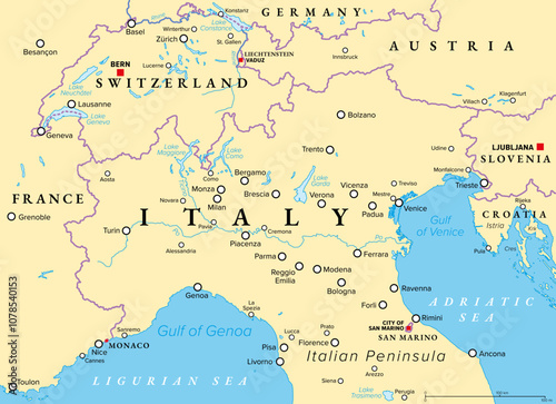 Northern Italy, political map. Geographical and cultural region in the northern part of Italy, a country in Europe. With international borders, important and largest cities, rivers and lakes. Vector.