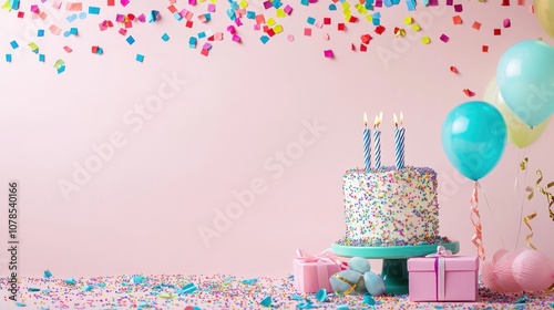 Colorful birthday cake with balloons and presents