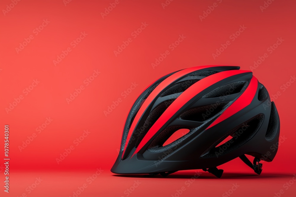 Profile view of a sleek black and red bicycle helmet on a vibrant red background. Profile view of a sleek black and red bicycle helmet on a vibrant red background.
