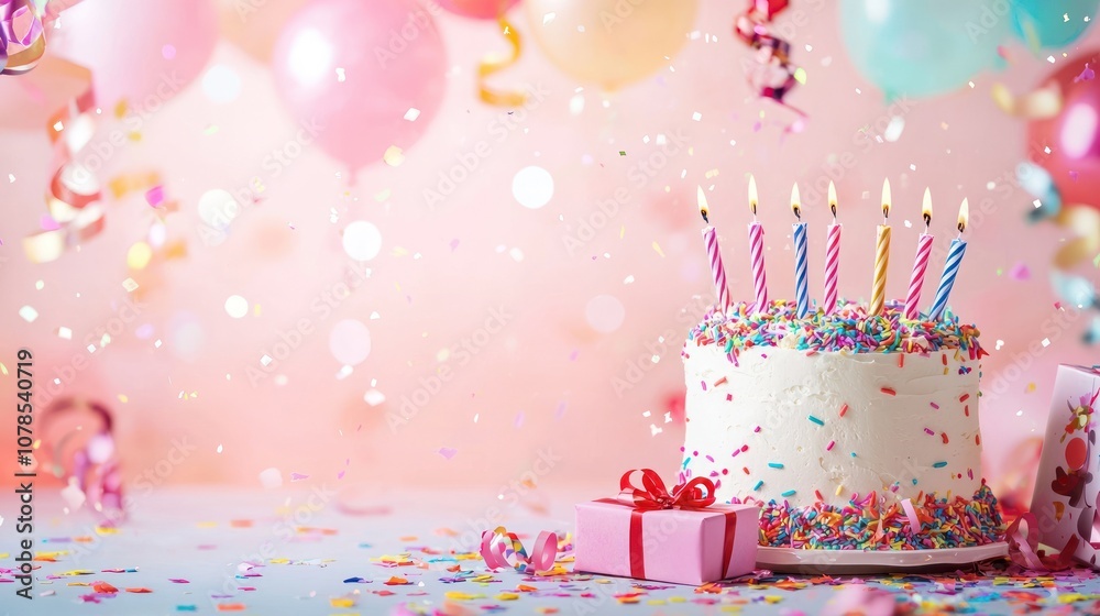 Festive cake with six candles and pink balloons scene Festive cake with six candles and pink balloons scene