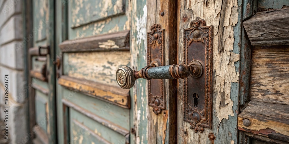 Macro Photography of an Old, Weathered Door with One Handle Missing, Showcasing Details of Rust, Paint Chips, and Timeworn Textures for Architectural and Vintage Themes Macro Photography of an Old, Weathered Door with One Handle Missing, Showcasing Details of Rust, Paint Chips, and Timeworn Textures for Architectural and Vintage Themes