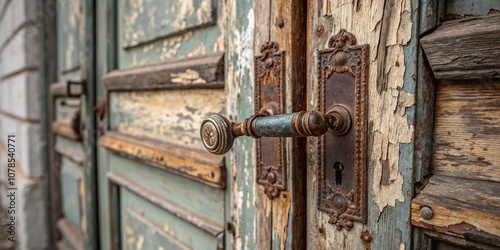 Macro Photography of an Old, Weathered Door with One Handle Missing, Showcasing Details of Rust, Paint Chips, and Timeworn Textures for Architectural and Vintage Themes