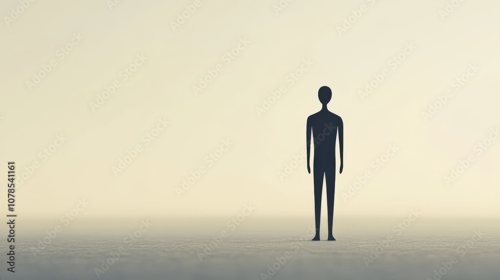 A Silhouette of a Person Standing Alone in a Foggy Landscape A Silhouette of a Person Standing Alone in a Foggy Landscape