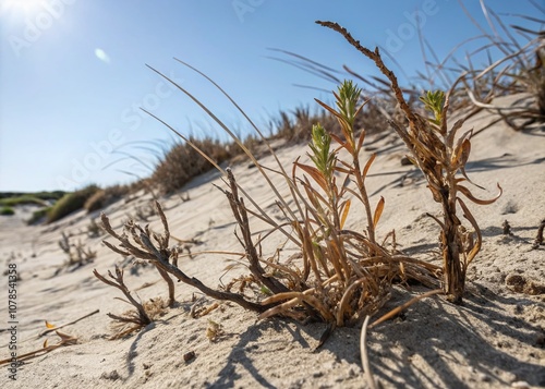 Macro Photography of Dried Plants on a Sand Dune Under a Bright Blue Sky, Highlighting the Effects of Climate Change with Limited Rainfall and Intense Sunlight