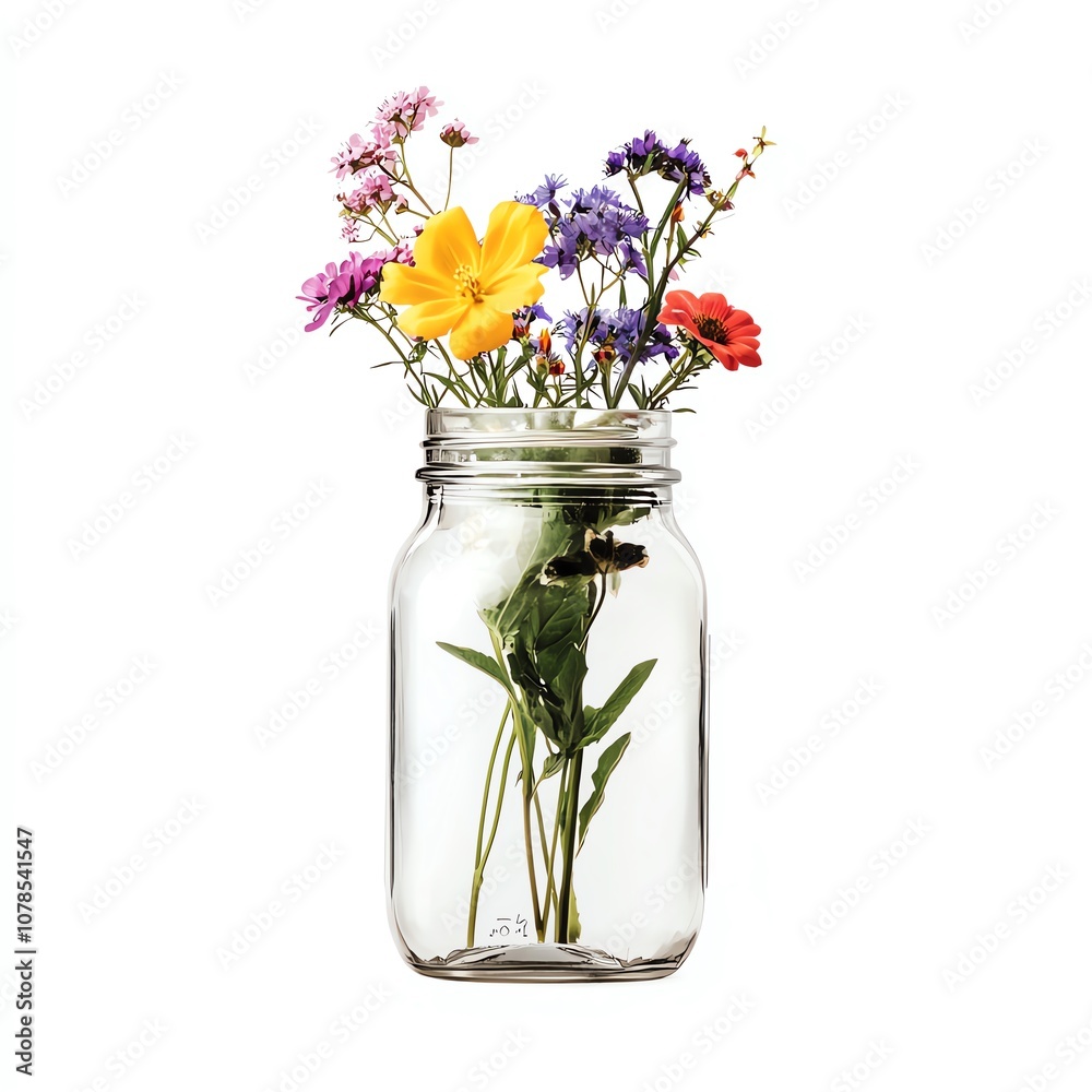 Obraz premium Vibrant wildflowers arranged in a mason jar, bringing a touch of nature indoors.