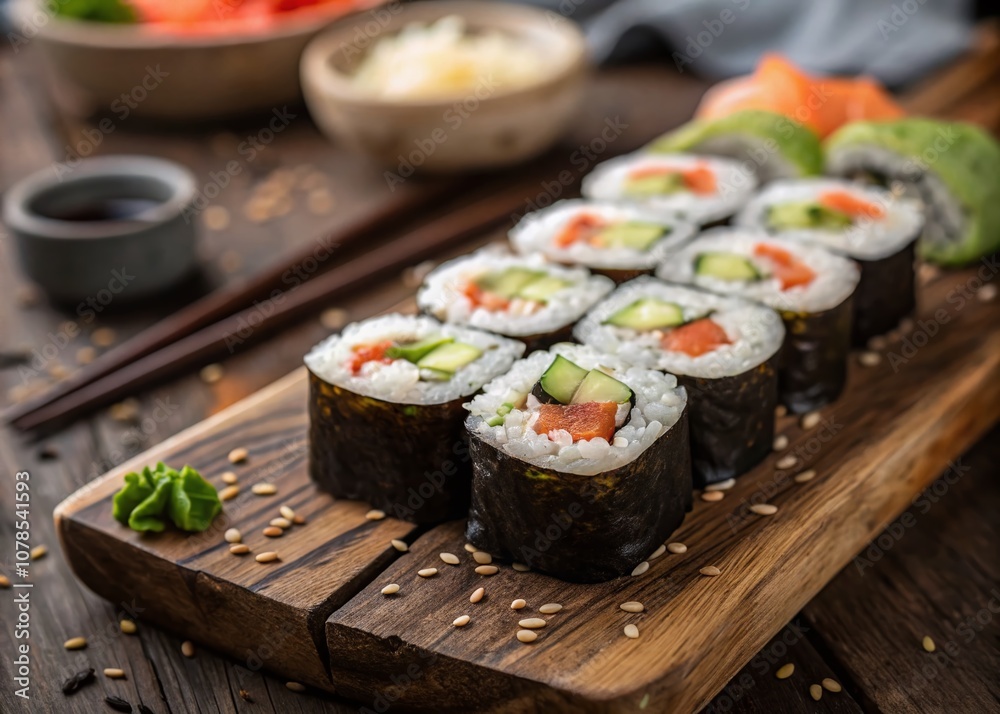 Macro Photography of Maki Sushi on a Rustic Wooden Table Capturing Details of Fresh Ingredients, Textures, and Vibrant Colors for Culinary Art Enthusiasts Macro Photography of Maki Sushi on a Rustic Wooden Table Capturing Details of Fresh Ingredients, Textures, and Vibrant Colors for Culinary Art Enthusiasts