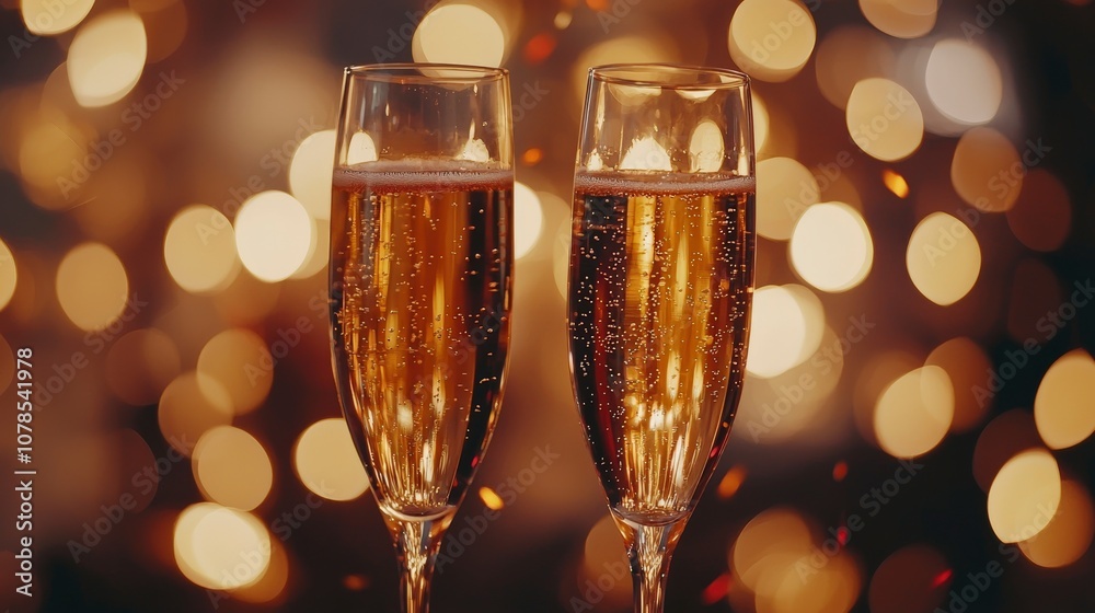 Two elegantly filled champagne flutes with bubbling liquid, beautifully framed in a golden bokeh background, ideal for festive celebrations and gatherings. Two elegantly filled champagne flutes with bubbling liquid, beautifully framed in a golden bokeh background, ideal for festive celebrations and gatherings.