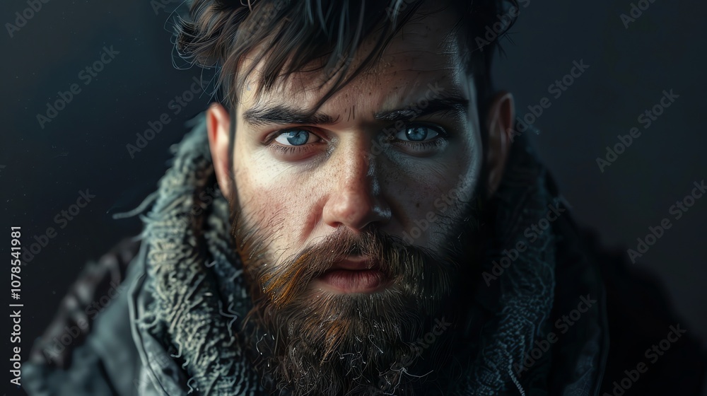 A close-up portrait of a man with a beard and blue eyes. A close-up portrait of a man with a beard and blue eyes.