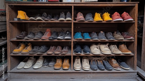 A wooden shelf displaying a variety of shoes in organized rows.