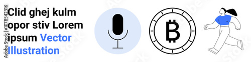 Microphone, Bitcoin symbol, and a running person figure with placeholder text. Ideal for podcasts, cryptocurrency, fitness, technology, health, digital marketing, infographics. Landing page