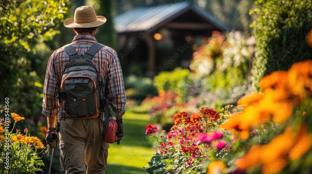 Fototapeta premium Man Walking Through a Flower Garden