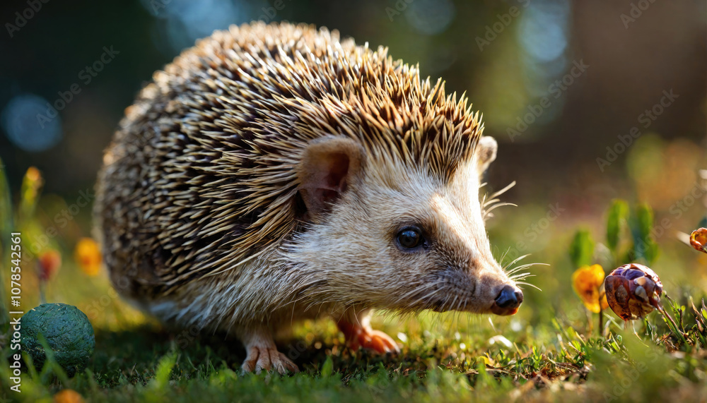 Fototapeta premium A hedgehog walks through a field of wildflowers, its spiky coat catching the light
