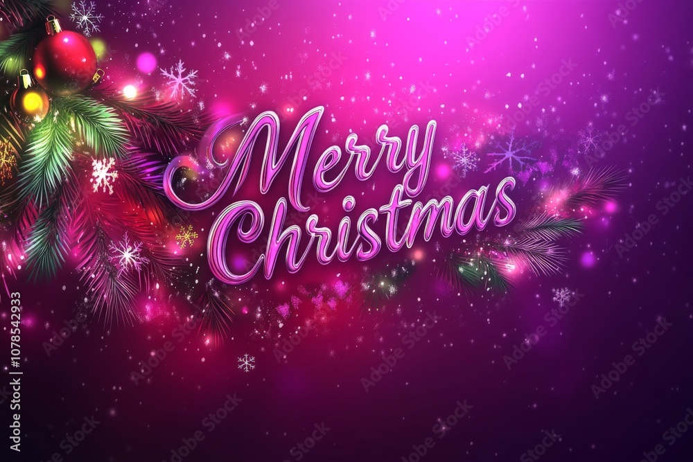 Frosted Merry Christmas text with twinkling lights and miniature snow covered trees on glowing pink background creating a dreamy and enchanting winter holiday scene Frosted Merry Christmas text with twinkling lights and miniature snow covered trees on glowing pink background creating a dreamy and enchanting winter holiday scene