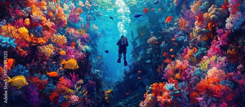 A scuba diver explores a vibrant coral reef teeming with marine life.