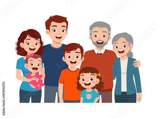 happy big family portrait contain father mother son daughter baby grandmother grandfather