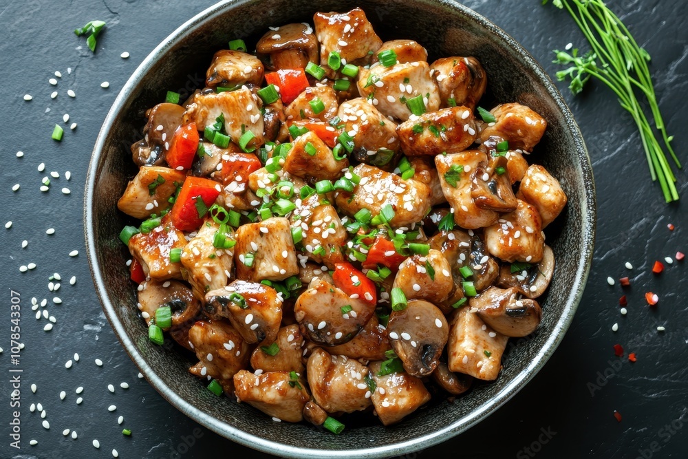 Chicken, mushroom, and pepper stir fry. This image is great for use in advertisements and recipes for Asian cuisine. Chicken, mushroom, and pepper stir fry. This image is great for use in advertisements and recipes for Asian cuisine.