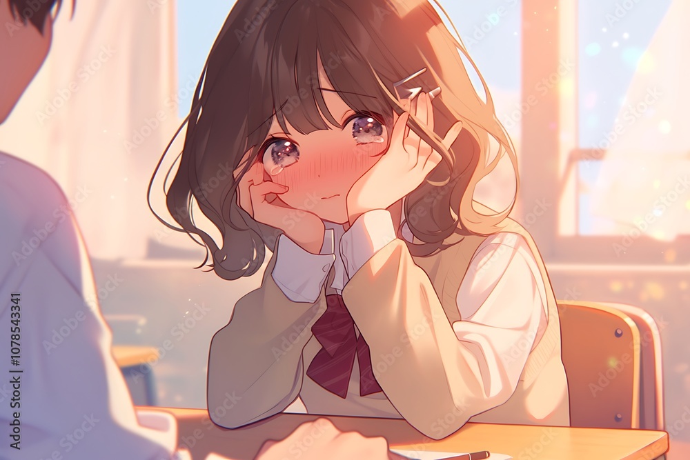Fototapeta premium Blushing Anime Girl in Classroom with Window Light