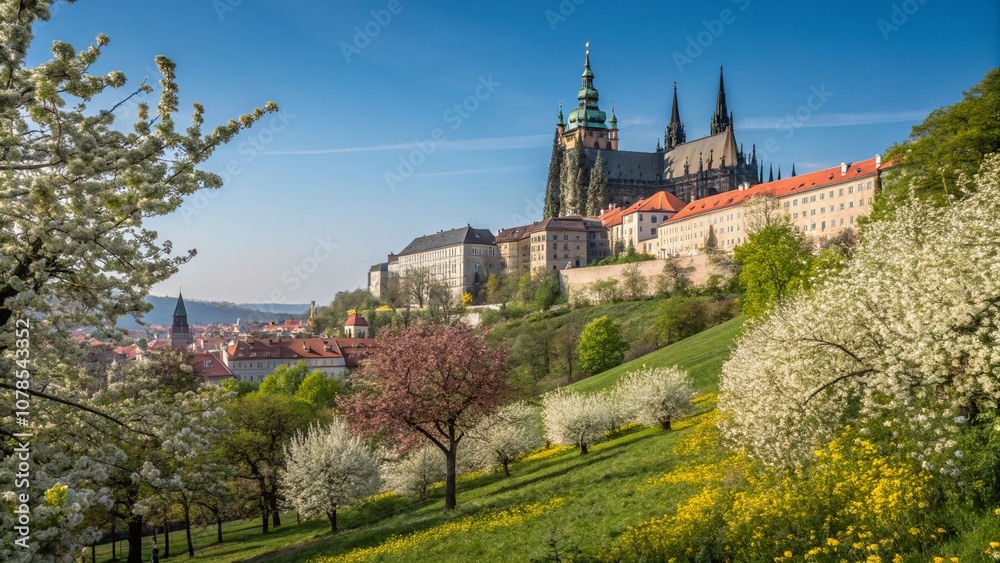 Obraz premium Majestic Green Prague Castle Surrounded by Vibrant Spring Flora and Clear Blue Skies Capturing the Essence of Czech Architecture and Nature's Beauty in a Lush Landscape