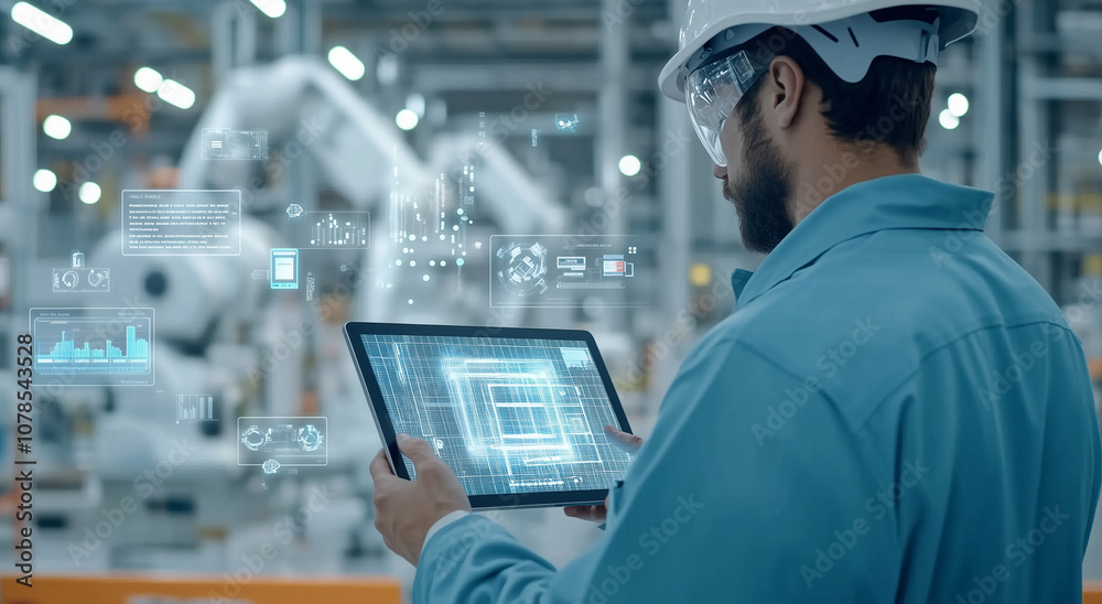 Workers on the modern factory floor use intelligent equipment to control the working scene of the robotic arm Workers on the modern factory floor use intelligent equipment to control the working scene of the robotic arm