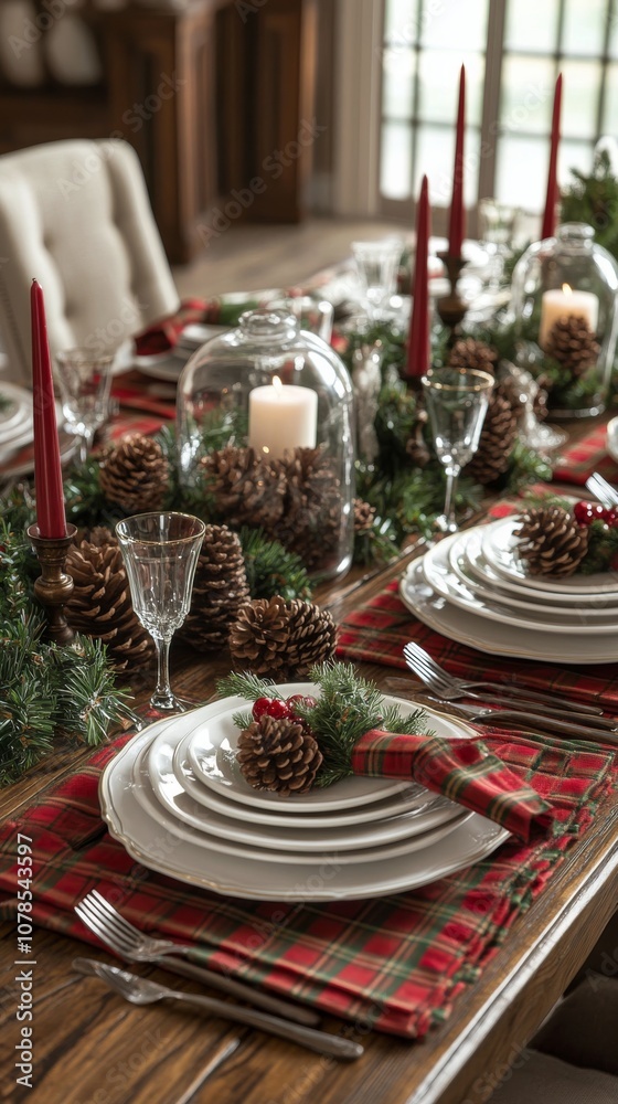 Elegant holiday dining table decorated with candles, pinecones, and festive greenery during winter Elegant holiday dining table decorated with candles, pinecones, and festive greenery during winter