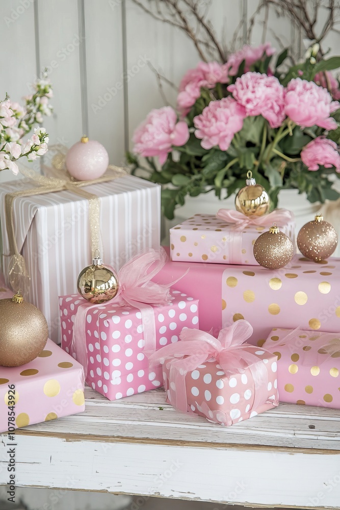 Pink and gold polka dot wrapping paper with pink gift boxes stacked elegantly, tied with ribbons, on a white striped background. Light brown wooden floor with pink ornaments scattered, Pink and gold polka dot wrapping paper with pink gift boxes stacked elegantly, tied with ribbons, on a white striped background. Light brown wooden floor with pink ornaments scattered,