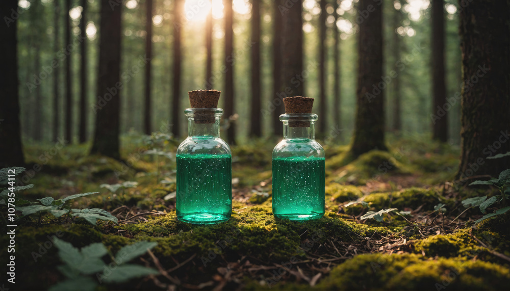 Two small glass bottles filled with a bright green liquid sit on a bed of moss in a dense forest Two small glass bottles filled with a bright green liquid sit on a bed of moss in a dense forest