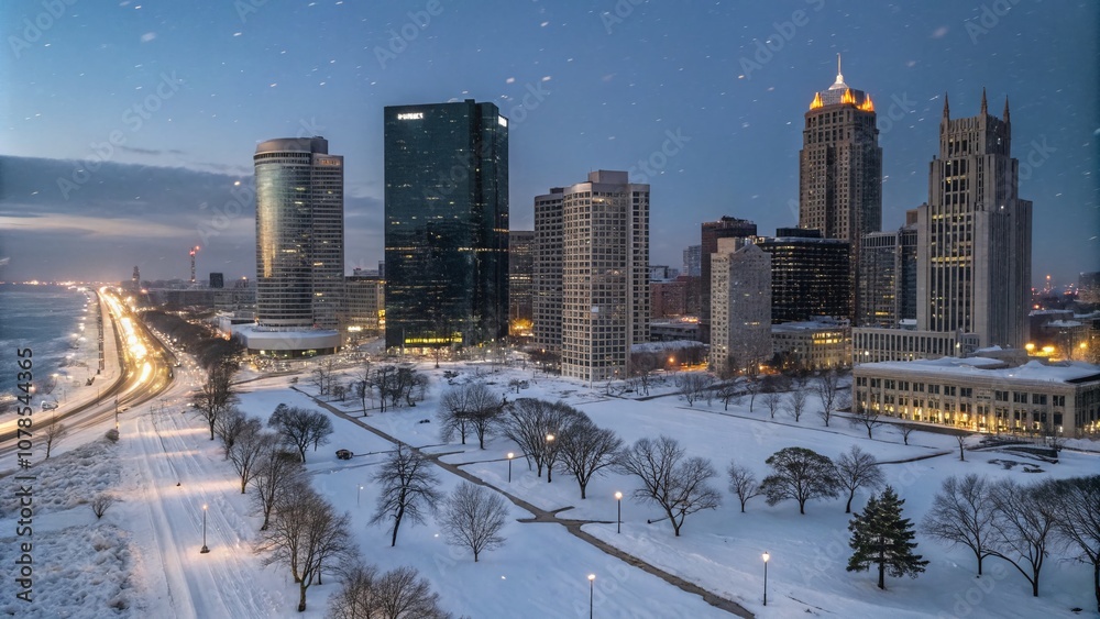 Fototapeta premium Majestic Long Exposure of Downtown Detroit in Winter, Showcasing Snow-Covered Skyscrapers and Twinkling City Lights Against a Starry Night Sky