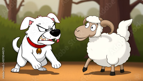 Furious Dog Confronts Curious Sheep in Cartoon Showdown photo