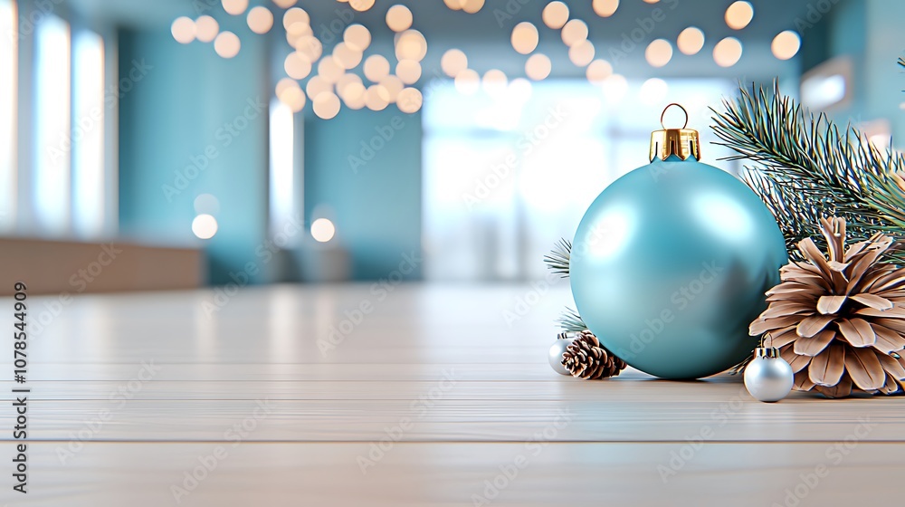 Create a festive atmosphere with beautiful blue christmas ornaments and natural pine decorations Create a festive atmosphere with beautiful blue christmas ornaments and natural pine decorations