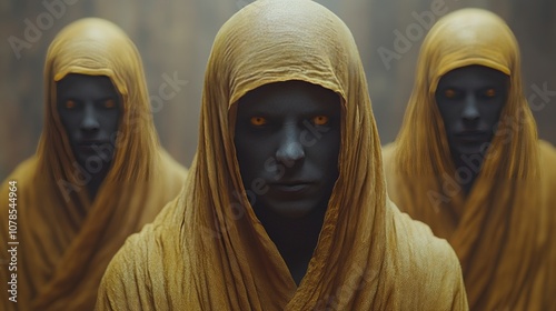 Three women wearing yellow robes and hoods with black faces