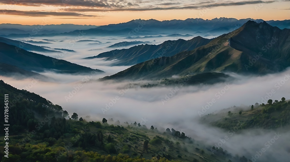 Foggy Mountain Landscape at Sunrise Foggy Mountain Landscape at Sunrise