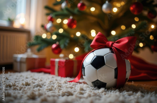 Festive soccer ball with red bow under christmas tree photo