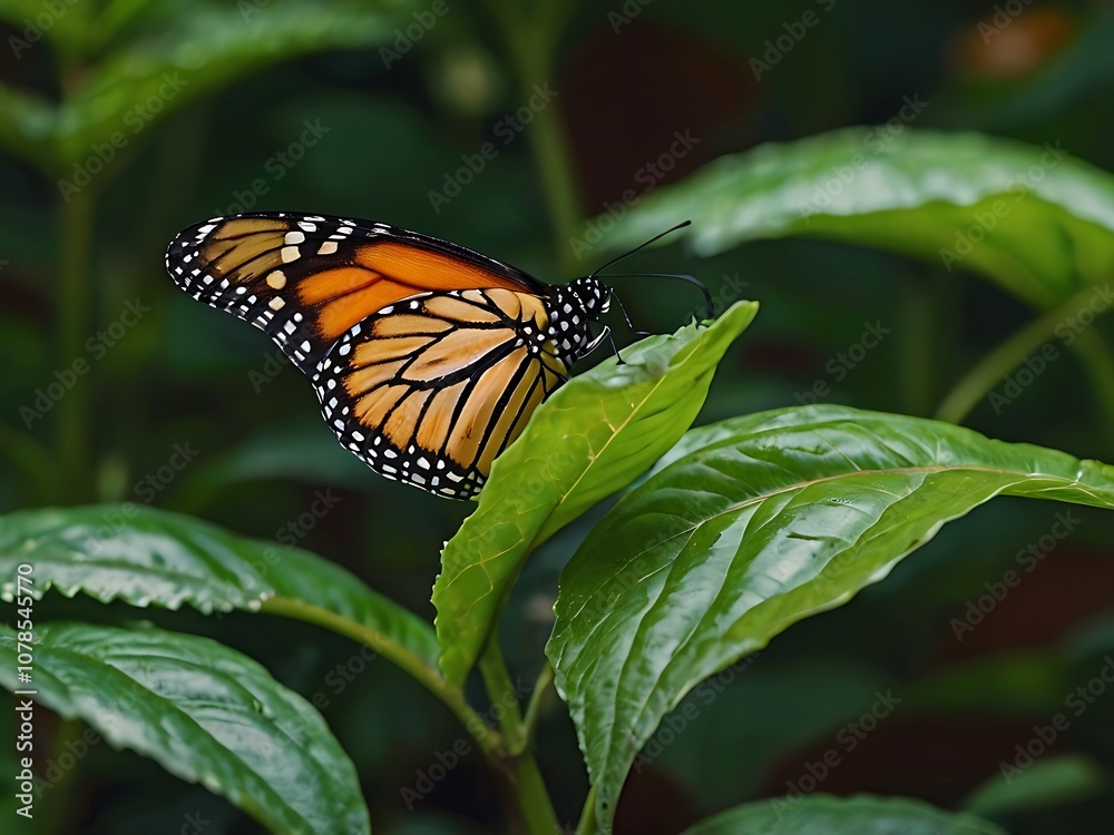 Monarch Butterfly Perched on a Green Leaf Monarch Butterfly Perched on a Green Leaf