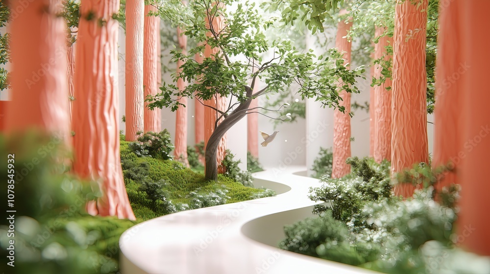 Naklejka premium A serene forest path lined with vibrant trees, leading through lush foliage and inviting exploration in a tranquil, dreamlike landscape.