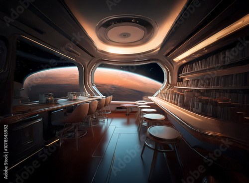 A futuristic bar with a large window overlooking a planet with a red sky.