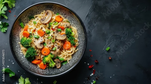 A bowl of noodles with vegetables. A delicious and healthy meal with noodles, mushrooms, carrots, and broccoli.