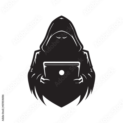 A Mystical figure in dark hood using laptop of silhouette vector