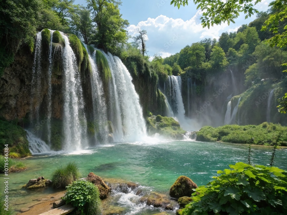 Fototapeta premium Majestic Waterfall Splendor - Captivating Slow Motion Video of Cascading Waterfall with Crystal Clear Water, Vibrant Surroundings, and the Tranquil Sound of Nature’s Power