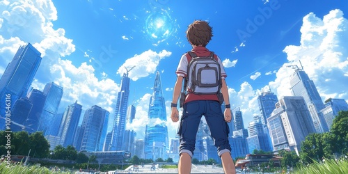 A boy gazes at a futuristic skyline under a clear blue sky, evoking adventure and wonder.