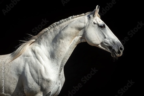 Majestic White Horse Portrait Isolated on Black Background, Highlighting Elegant Lines and Graceful Features, Perfect for Artistic and Equine Photography Collections