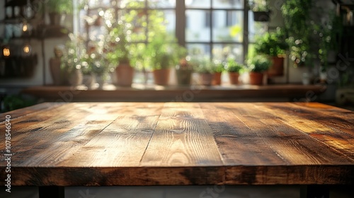 Empty wooden table with blurred background of window and plants.