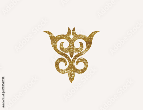 Kazakh national ornament with gold texture. Vector modern element isolated on white background. Central Asia floral abstract element of the national pattern.