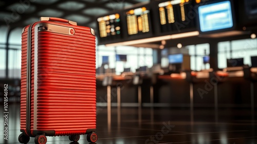 Explore the traveling experience with a bold red minimalist suitcase standing by the terminal check-in area photo