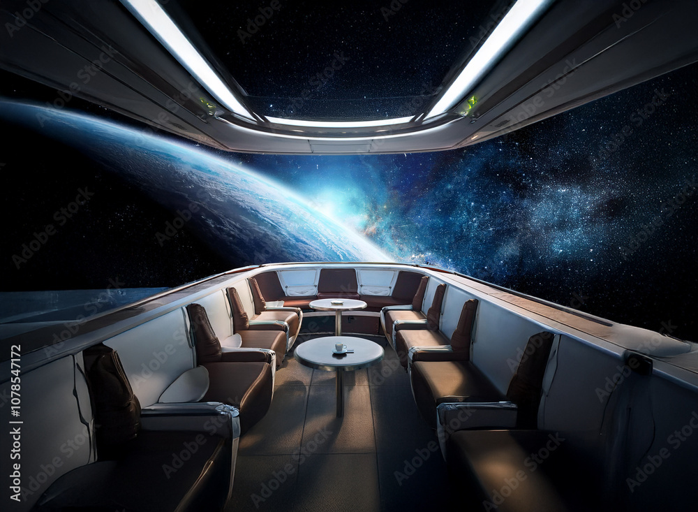 A futuristic spaceship lounge with a large panoramic window overlooking a view of earth, stars, and a galaxy. A futuristic spaceship lounge with a large panoramic window overlooking a view of earth, stars, and a galaxy.